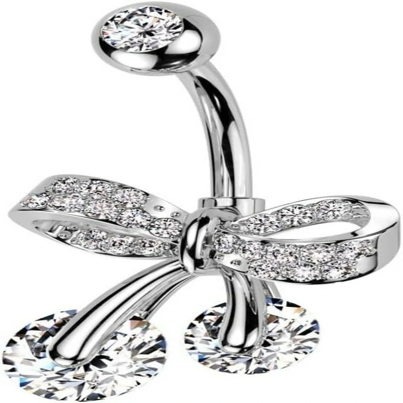 Pierced Owl 14GA 316L Stainless Steel CZ Crystal Paved Bow Ribbon Belly Button Ring