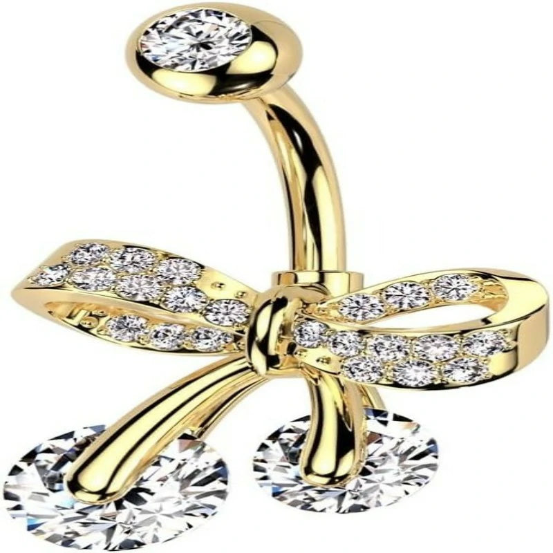 Pierced Owl 14GA 316L Stainless Steel CZ Crystal Paved Bow Ribbon Belly Button Ring