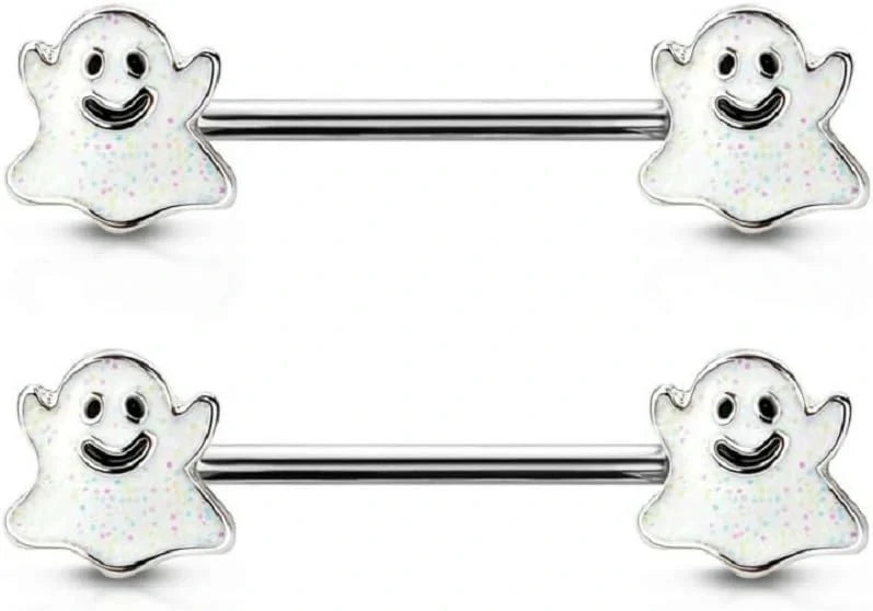 14GA 316L Stainless Steel Happy Little Ghost Ends Nipple Barbells