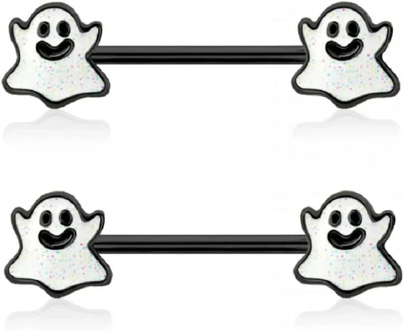 14GA 316L Stainless Steel Happy Little Ghost Ends Nipple Barbells