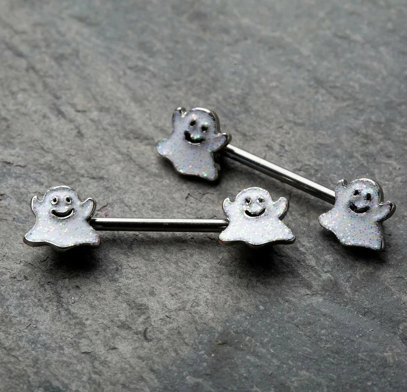 14GA 316L Stainless Steel Happy Little Ghost Ends Nipple Barbells
