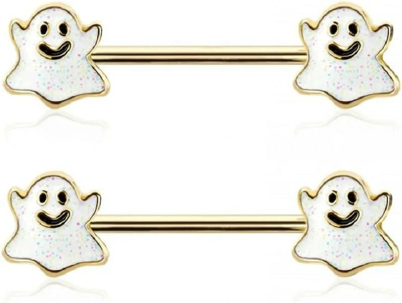 14GA 316L Stainless Steel Happy Little Ghost Ends Nipple Barbells