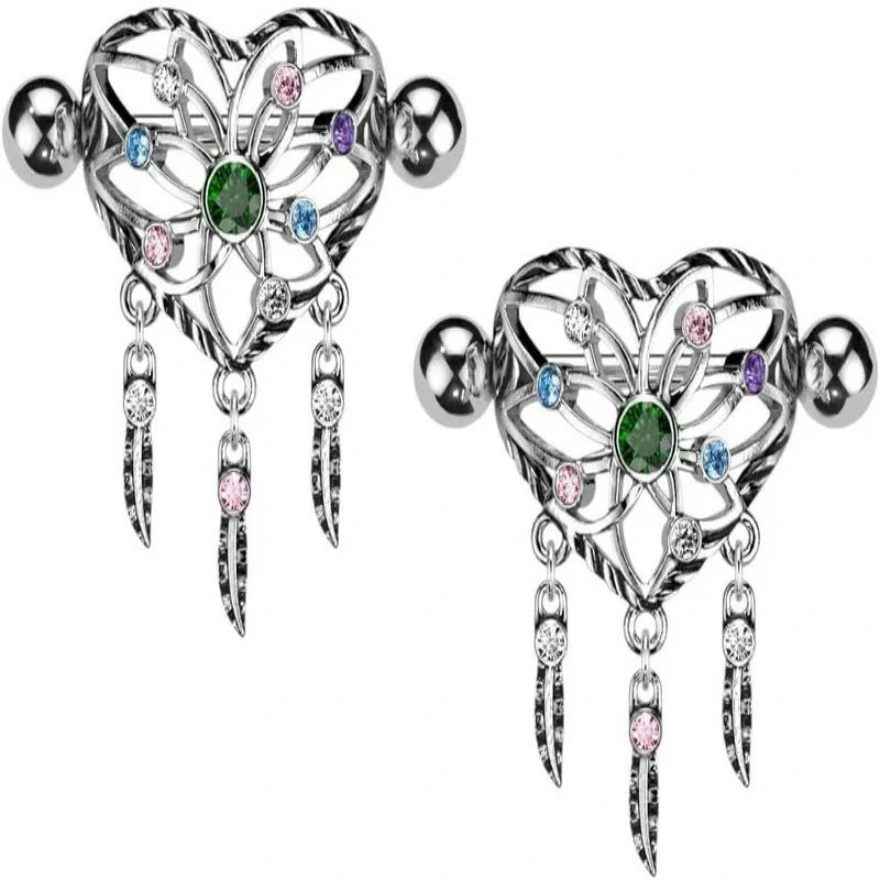 Pierced Owl 14GA 316L Stainless Steel Heart Dream Catcher Nipple Shields