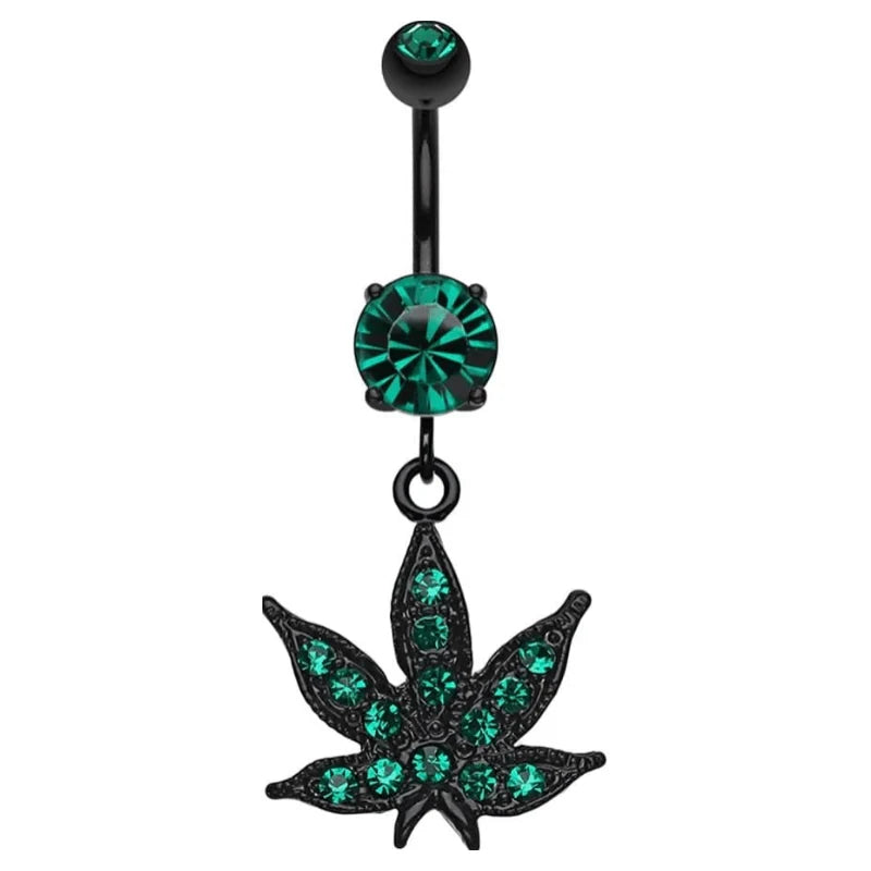 Pierced Owl 14GA Black Stainless Steel Green CZ Crystal Pot Leaf Dangling Belly Button Ring