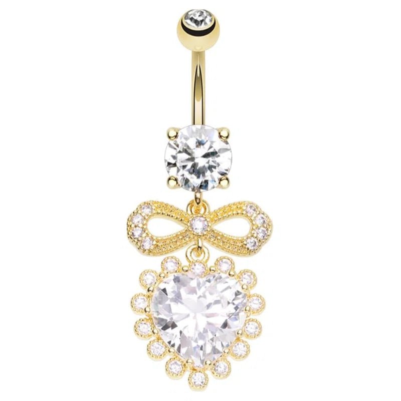 Pierced Owl 14GA Stainless Steel Bow and CZ Crystal Heart Dangling Belly Button Ring - QIAO CrystalQIAO CrystalQIAO Crystal
