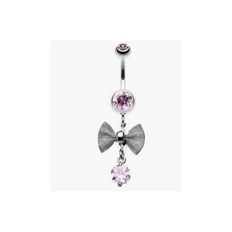 Pink Dainty Mesh Bow Sparkle Gem Cubic Zirconia Navel Dangle Belly Button Ring - QIAO CrystalQIAO CrystalQIAO Crystal