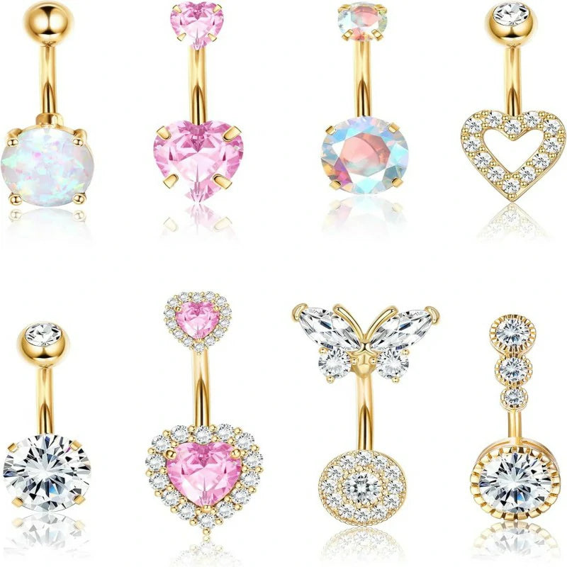 8Pcs 14G Surgical Stainless Steel Navel Piercing Hypoallergenic Cute Created-opal Butterfly Belly Button Rings