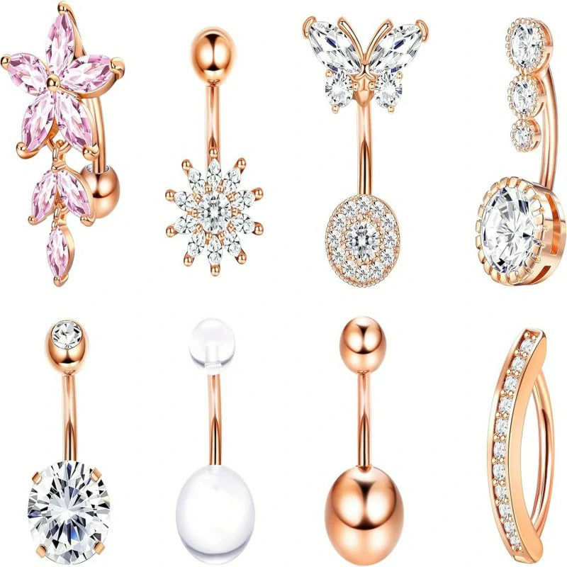 8Pcs 14G Surgical Stainless Steel Navel Piercing Hypoallergenic Cute Created-opal Butterfly Belly Button Rings