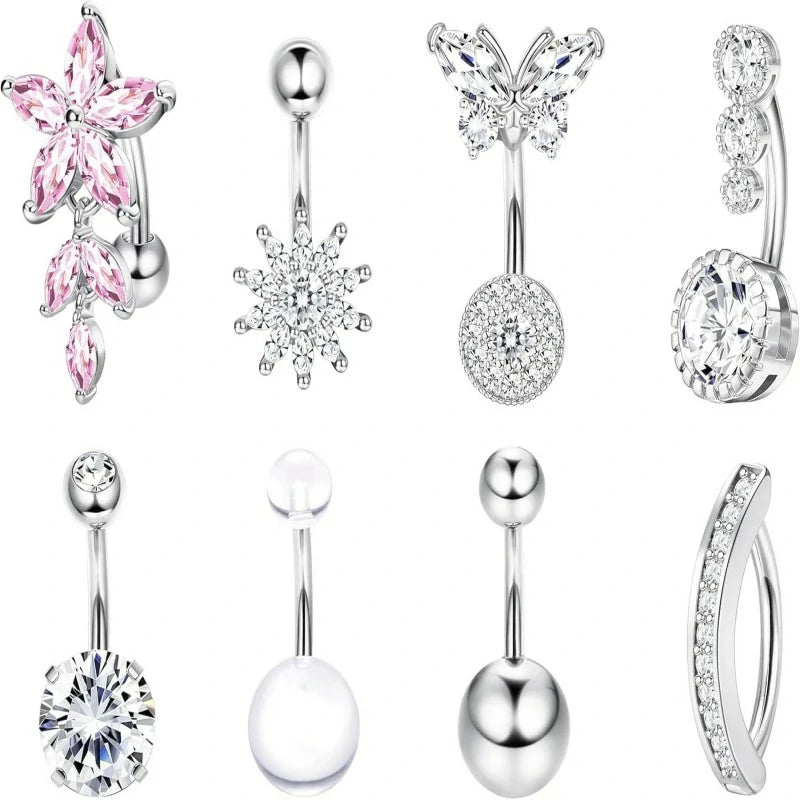 8Pcs 14G Surgical Stainless Steel Navel Piercing Hypoallergenic Cute Created-opal Butterfly Belly Button Rings