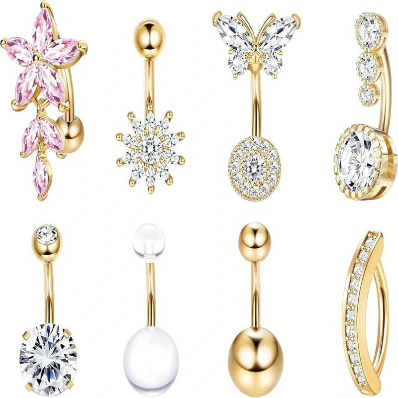 8Pcs 14G Surgical Stainless Steel Navel Piercing Hypoallergenic Cute Created-opal Butterfly Belly Button Rings