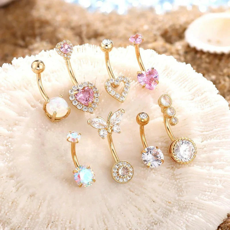 Pack 7 Anillos Ombligo Acero Quirúrgico 14G | Clicker, CZ, Corazón, Mariposa | Piercing Vientre Para Mujeres