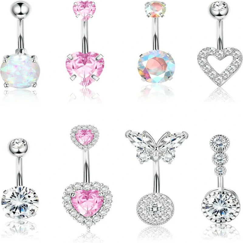 8Pcs 14G Surgical Stainless Steel Navel Piercing Hypoallergenic Cute Created-opal Butterfly Belly Button Rings