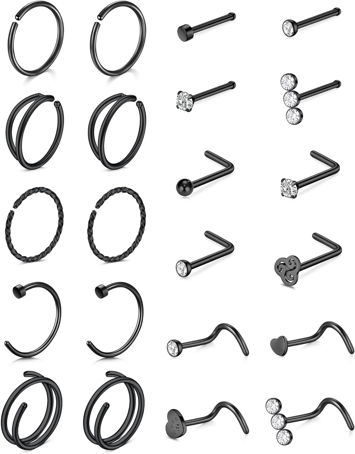 QWALIT 18g & 20g Nose Rings & Hoops - L & C Shape Studs - Surgical Stainless Steel & Silver Nose Piercing Jewelry - Rose Gold & Black - For Women & Men - QIAO CrystalQIAO CrystalQIAO Crystal