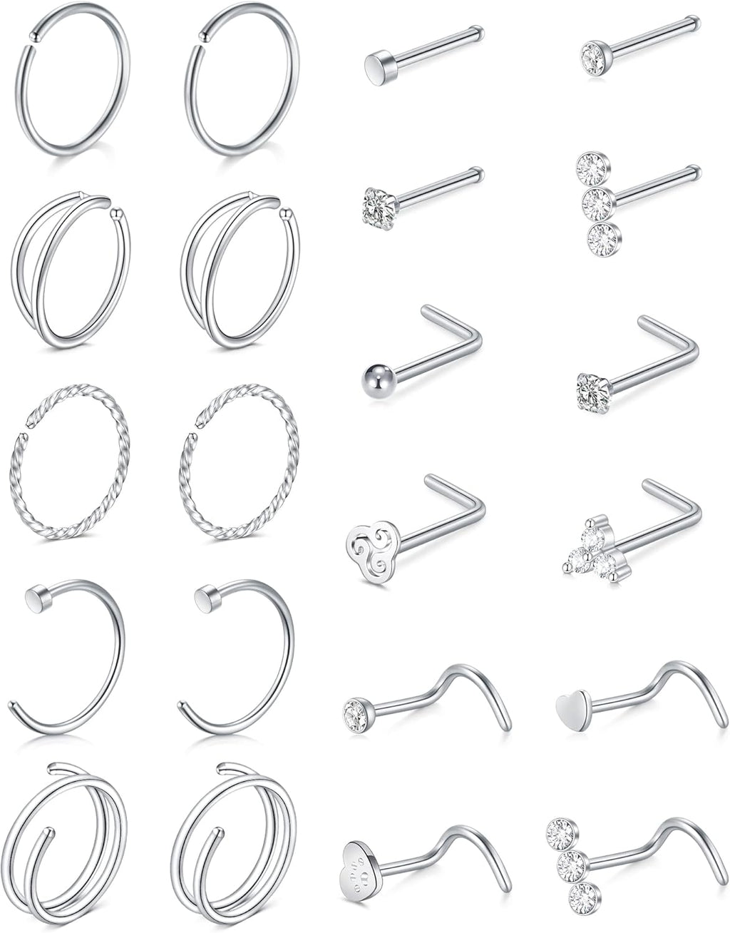 QWALIT 18g & 20g Nose Rings & Hoops - L & C Shape Studs - Surgical Stainless Steel & Silver Nose Piercing Jewelry - Rose Gold & Black - For Women & Men - QIAO CrystalQIAO CrystalQIAO Crystal