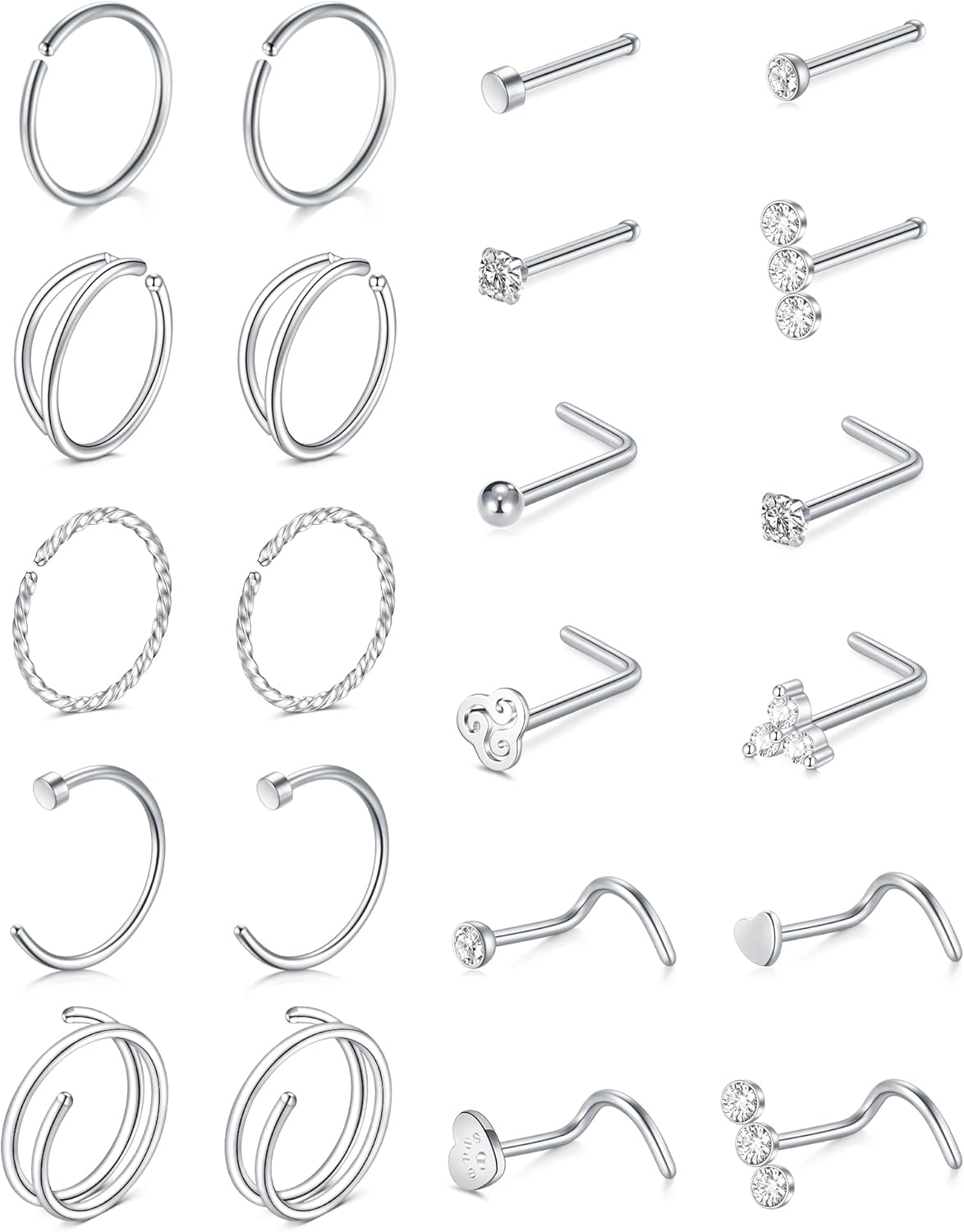 QWALIT 18g & 20g Nose Rings & Hoops - L & C Shape Studs - Surgical Stainless Steel & Silver Nose Piercing Jewelry - Rose Gold & Black - For Women & Men - QIAO CrystalQIAO CrystalQIAO Crystal