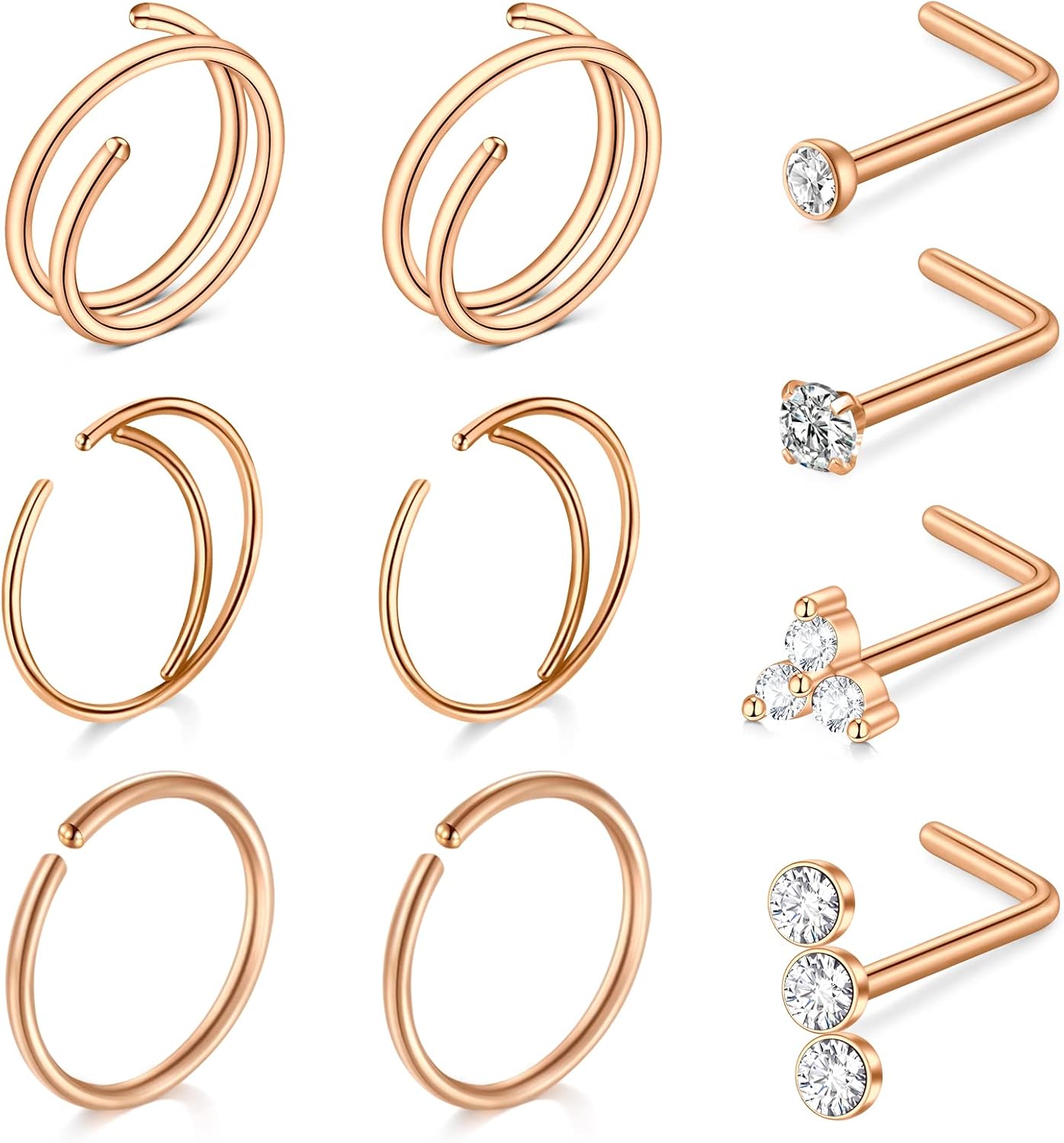 QWALIT 18g & 20g Nose Rings & Hoops - L & C Shape Studs - Surgical Stainless Steel & Silver Nose Piercing Jewelry - Rose Gold & Black - For Women & Men - QIAO CrystalQIAO CrystalQIAO Crystal