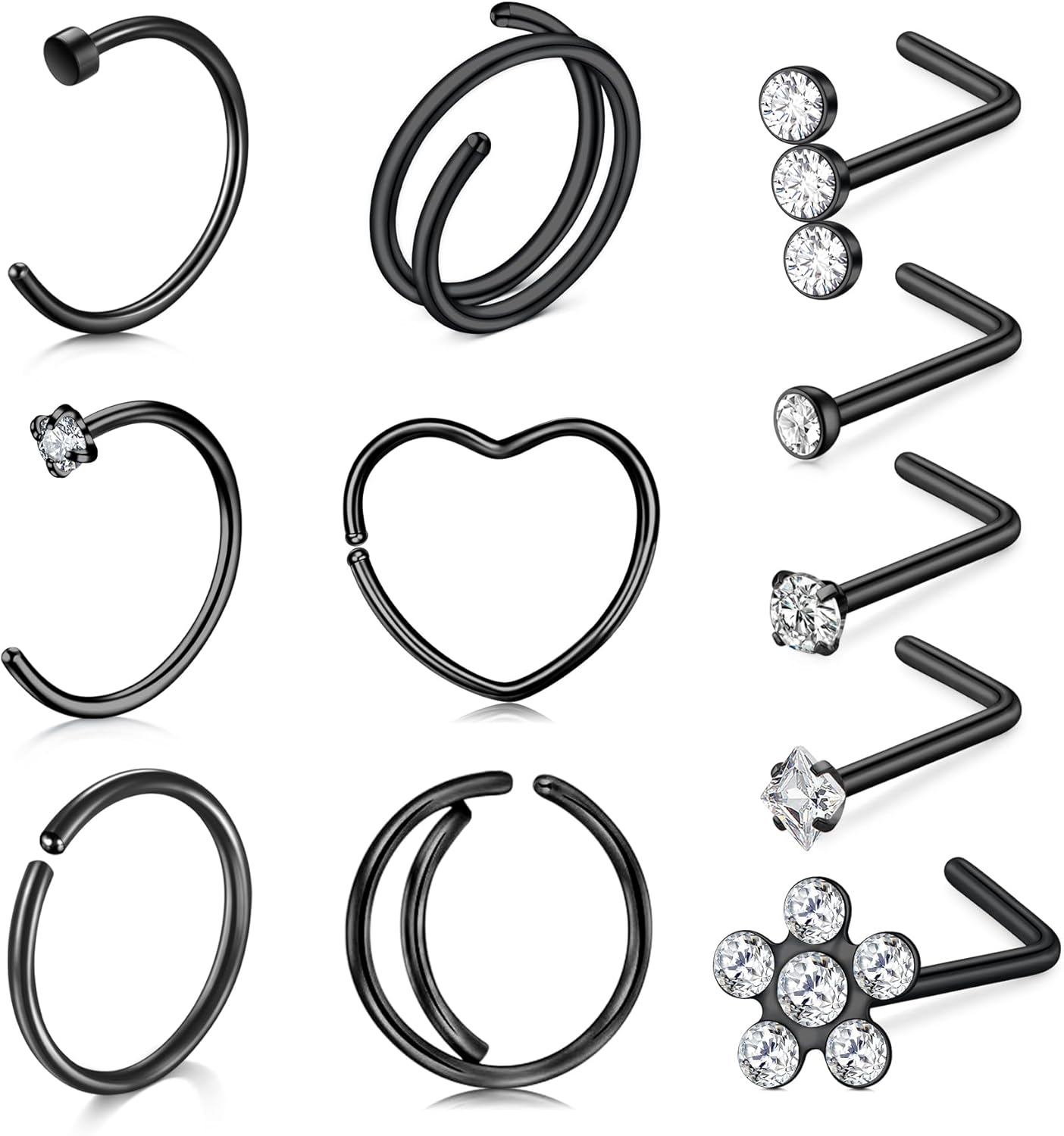 QWALIT 18g & 20g Nose Rings & Hoops - L & C Shape Studs - Surgical Stainless Steel & Silver Nose Piercing Jewelry - Rose Gold & Black - For Women & Men - QIAO CrystalQIAO CrystalQIAO Crystal