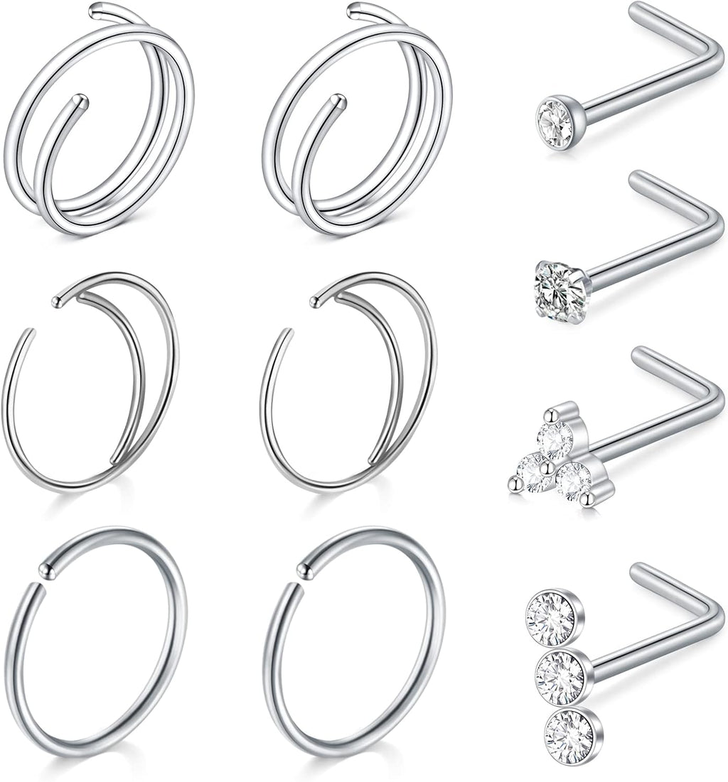 QWALIT 18g & 20g Nose Rings & Hoops - L & C Shape Studs - Surgical Stainless Steel & Silver Nose Piercing Jewelry - Rose Gold & Black - For Women & Men - QIAO CrystalQIAO CrystalQIAO Crystal