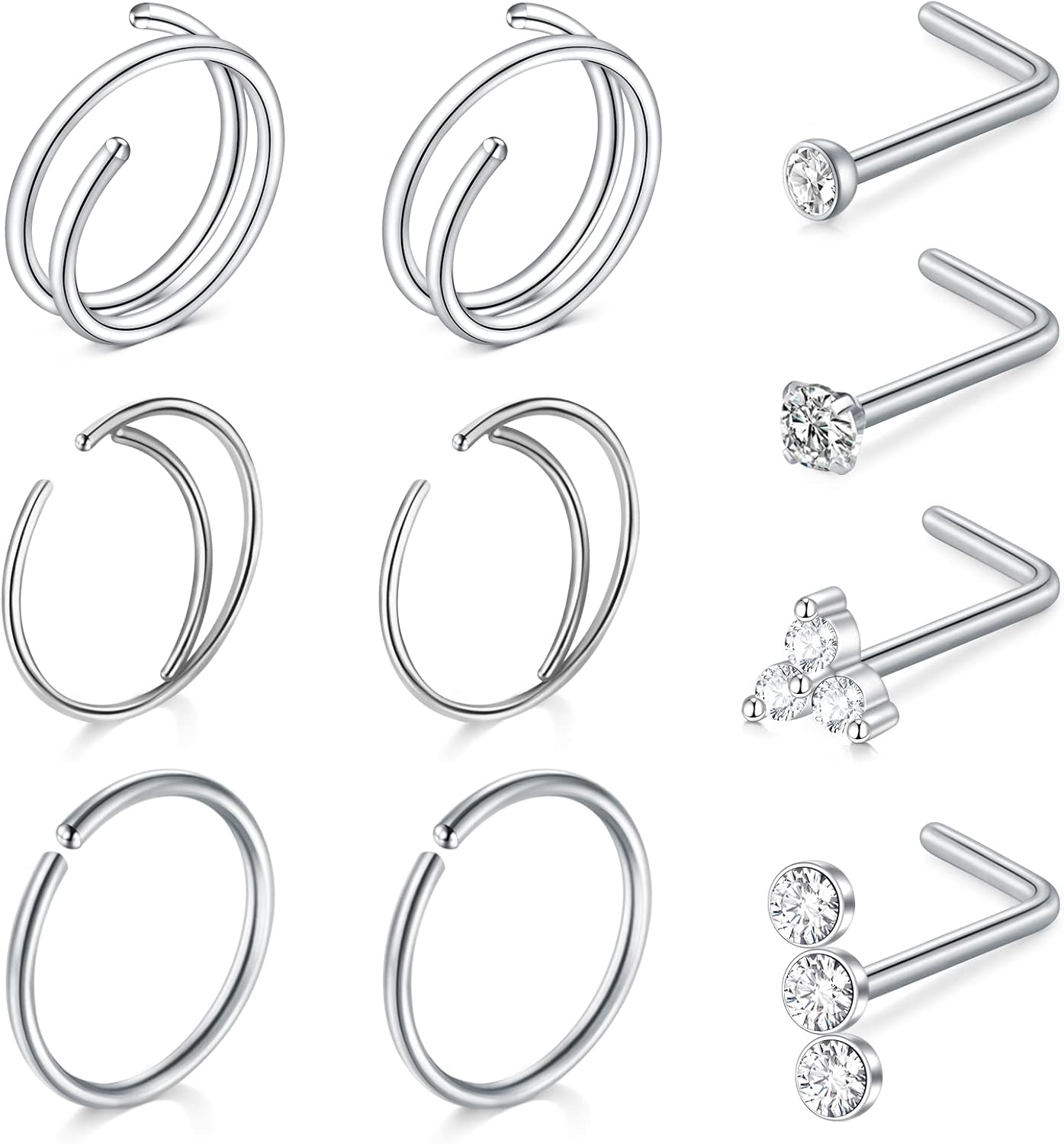 QWALIT 18g & 20g Nose Rings & Hoops - L & C Shape Studs - Surgical Stainless Steel & Silver Nose Piercing Jewelry - Rose Gold & Black - For Women & Men - QIAO CrystalQIAO CrystalQIAO Crystal