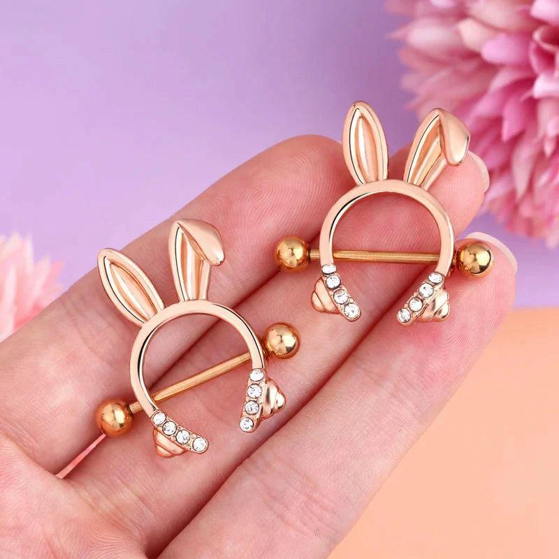 14G Rosy Bunny Ear Clear CZ Nipple Piercing Barbell Surgical Steel 316L Piercing Jewelry