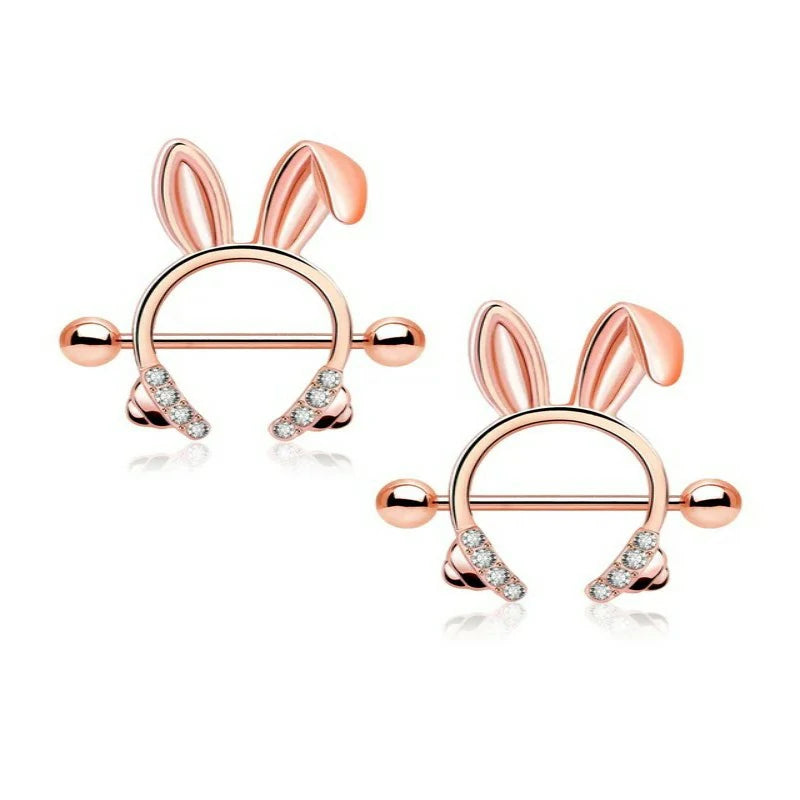 14G Rosy Bunny Ear Clear CZ Nipple Piercing Barbell Surgical Steel 316L Piercing Jewelry
