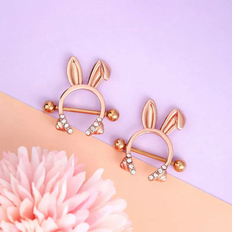 14G Rosy Bunny Ear Clear CZ Nipple Piercing Barbell Surgical Steel 316L Piercing Jewelry