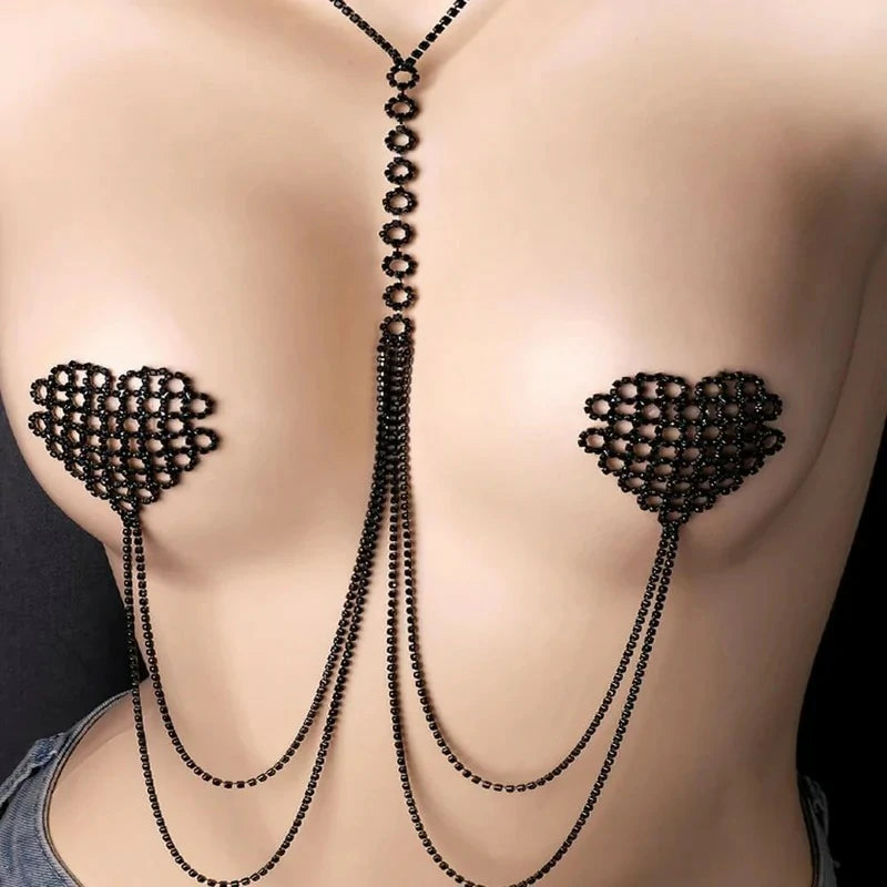 Rhinestone Heart Bra Chain Non Piercing Nipple Jewelry Festival Rave Layered Sexy Necklace Crystal Nipple