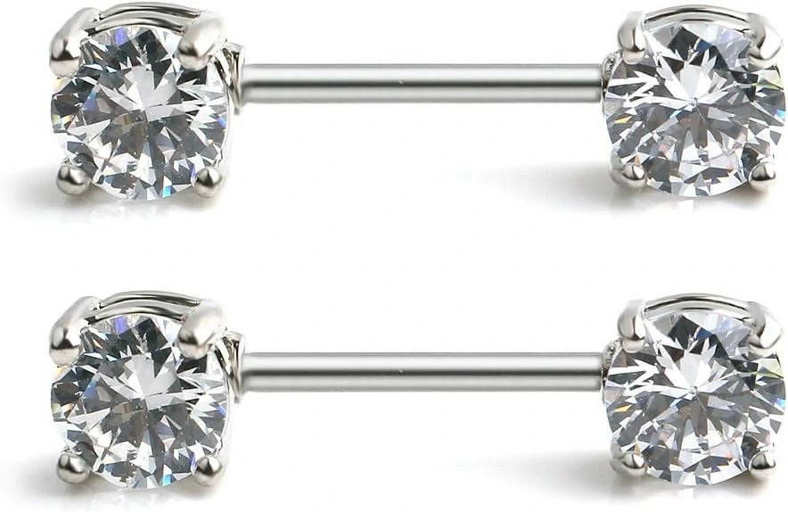 316L Stainless Steel Double Front Facing Clear CZ Nipple Shield Barbell Ring Piercing 14G