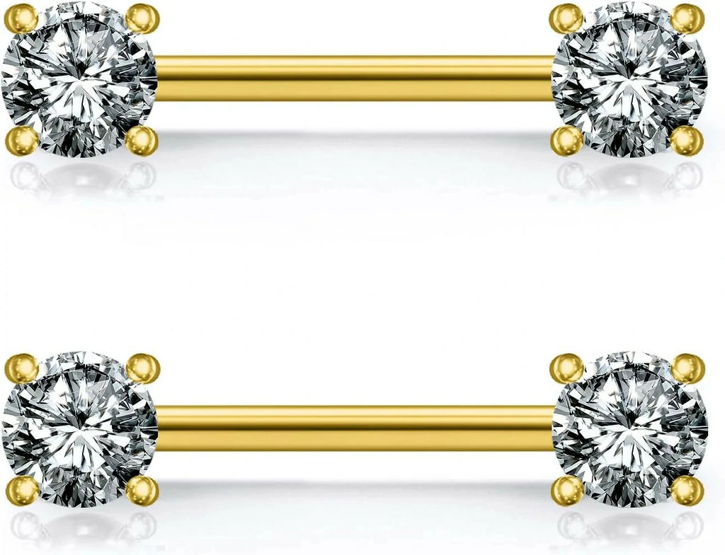 316L Stainless Steel Double Front Facing Clear CZ Nipple Shield Barbell Ring Piercing 14G