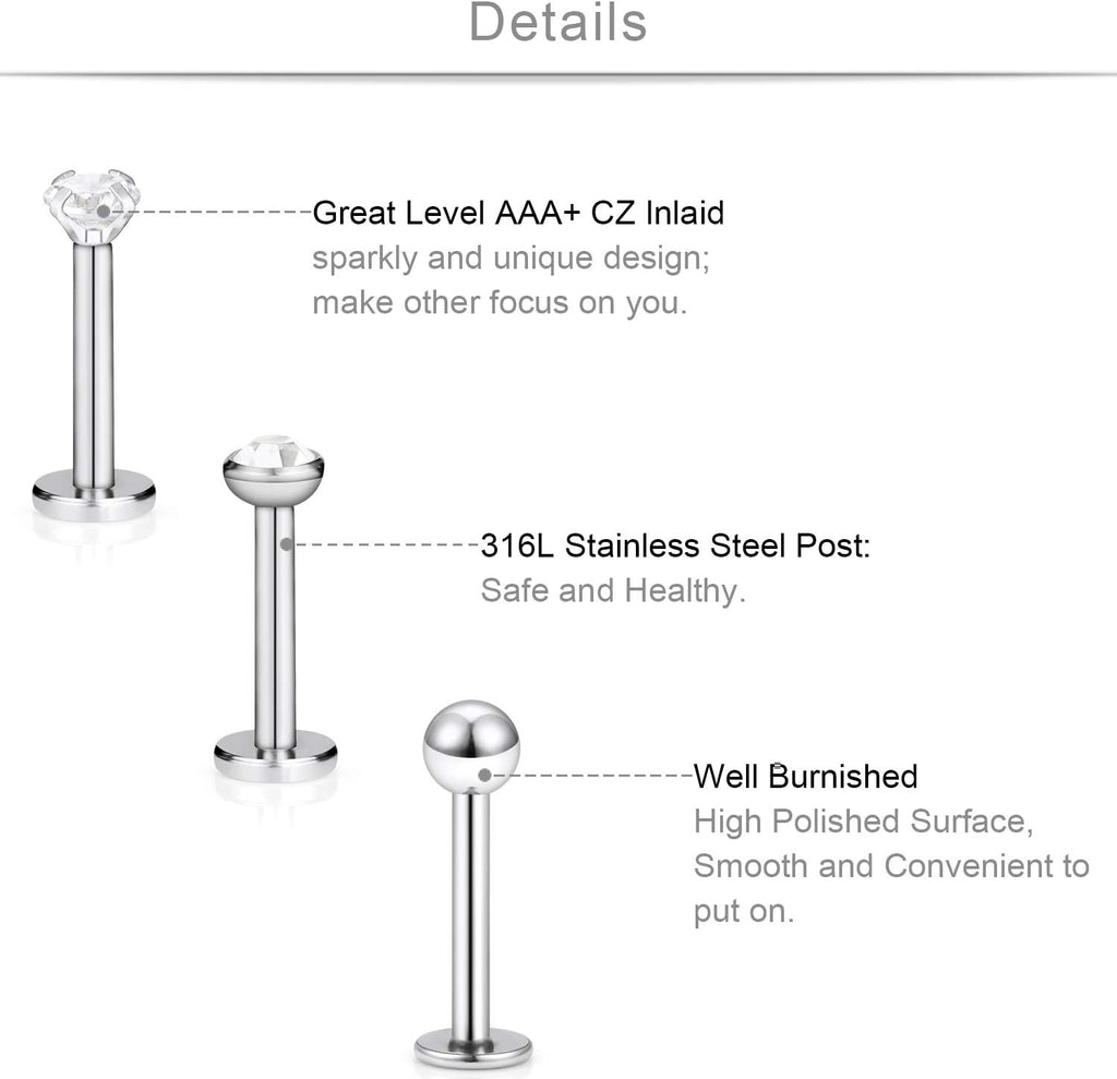 SCERRING 18PCS 16g Stainless Steel Clear Cubic Zirconia Labret Monroe Lip Tragus Cartilage Helix Earring Ring Body Piercing Jewelry 6mm 8mm 10mm - QIAO CrystalQIAO CrystalQIAO Crystal