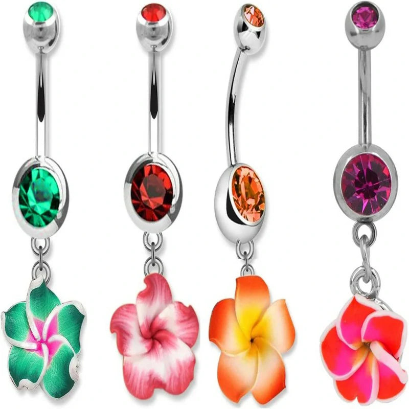 316L Surgical Steel Barbell Belly Button Navel Rings Dangles Boho Hawaiian Plumeria Flower
