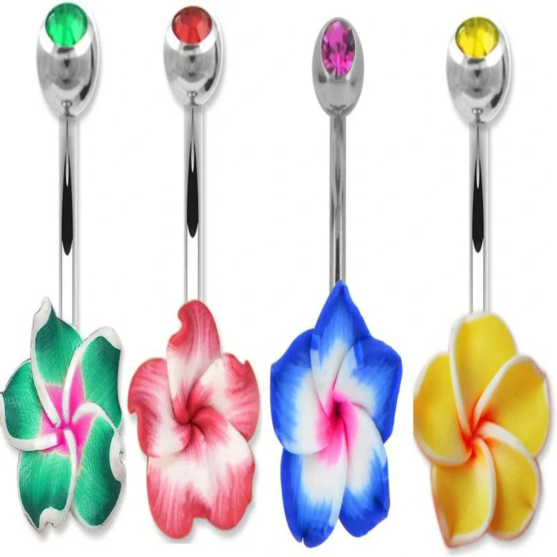 316L Surgical Steel Barbell Belly Button Navel Rings Dangles Boho Hawaiian Plumeria Flower