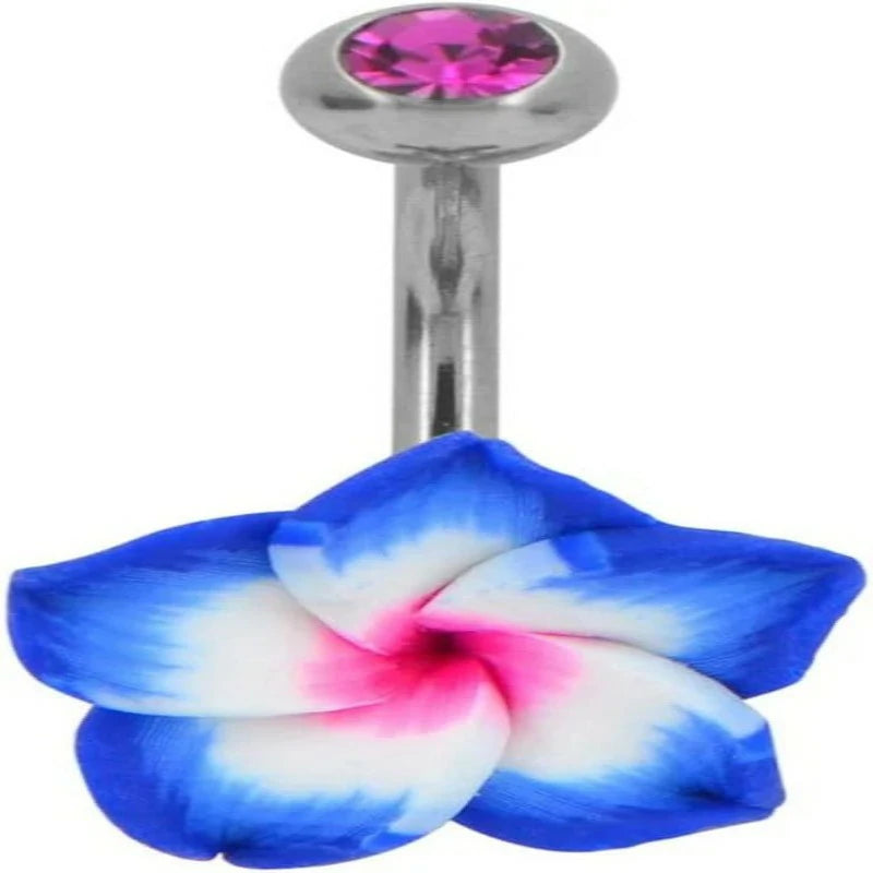 316L Surgical Steel Barbell Belly Button Navel Rings Dangles Boho Hawaiian Plumeria Flower