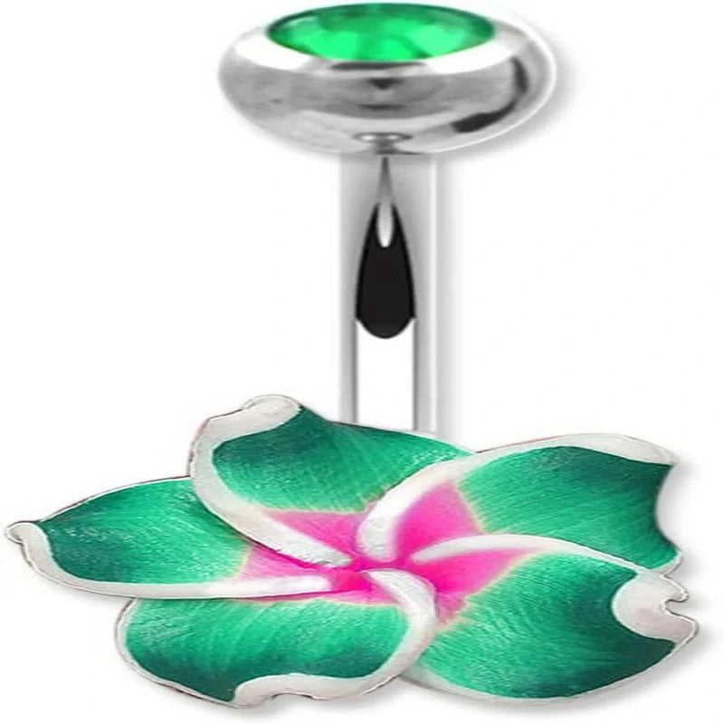 316L Surgical Steel Barbell Belly Button Navel Rings Dangles Boho Hawaiian Plumeria Flower