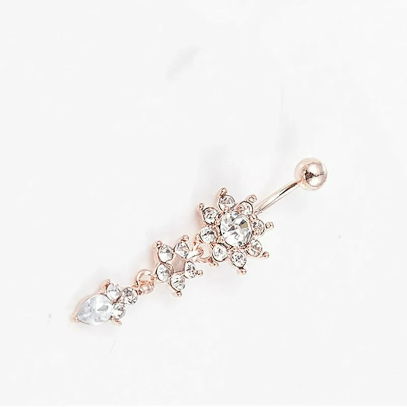 Sexy Women Crystal Body Dangle Ball Barbell Bar Belly Button Ring Navel Ring (Rose Gold)