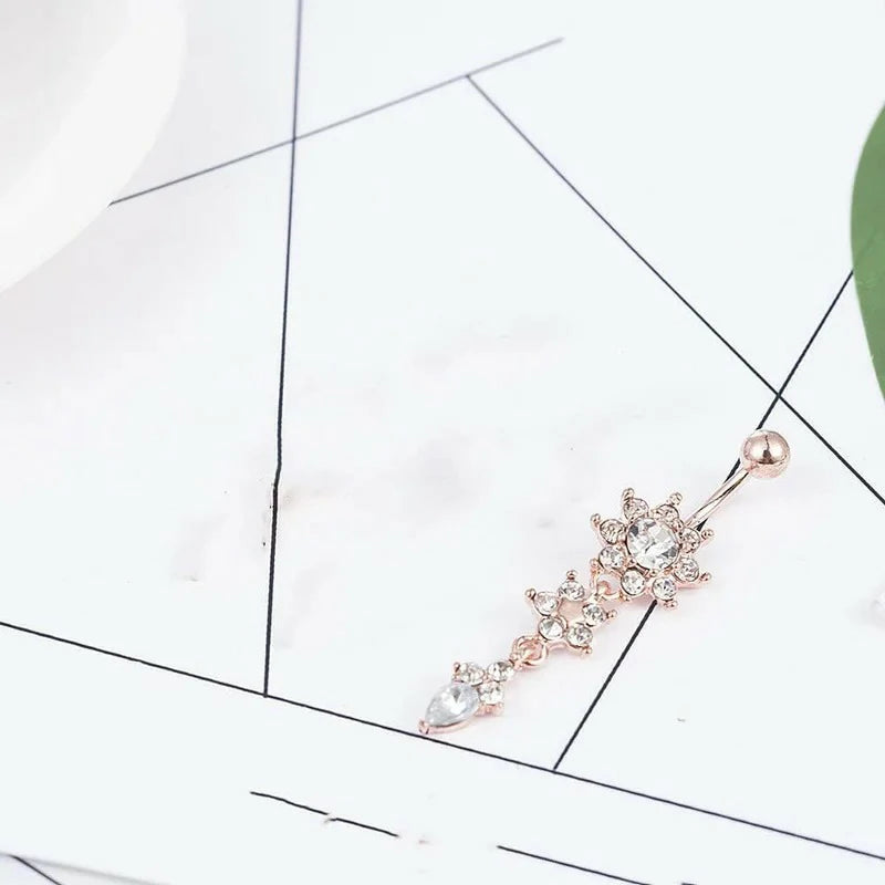 Sexy Women Crystal Body Dangle Ball Barbell Bar Belly Button Ring Navel Ring (Rose Gold)
