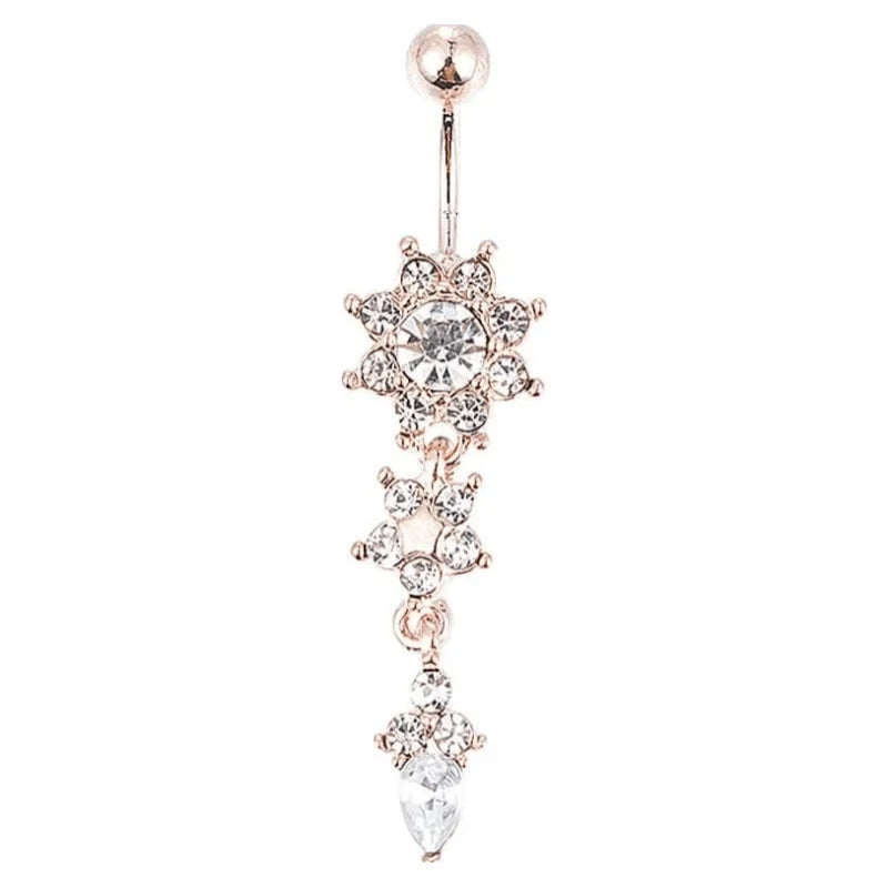 Sexy Women Crystal Body Dangle Ball Barbell Bar Belly Button Ring Navel Ring (Rose Gold)