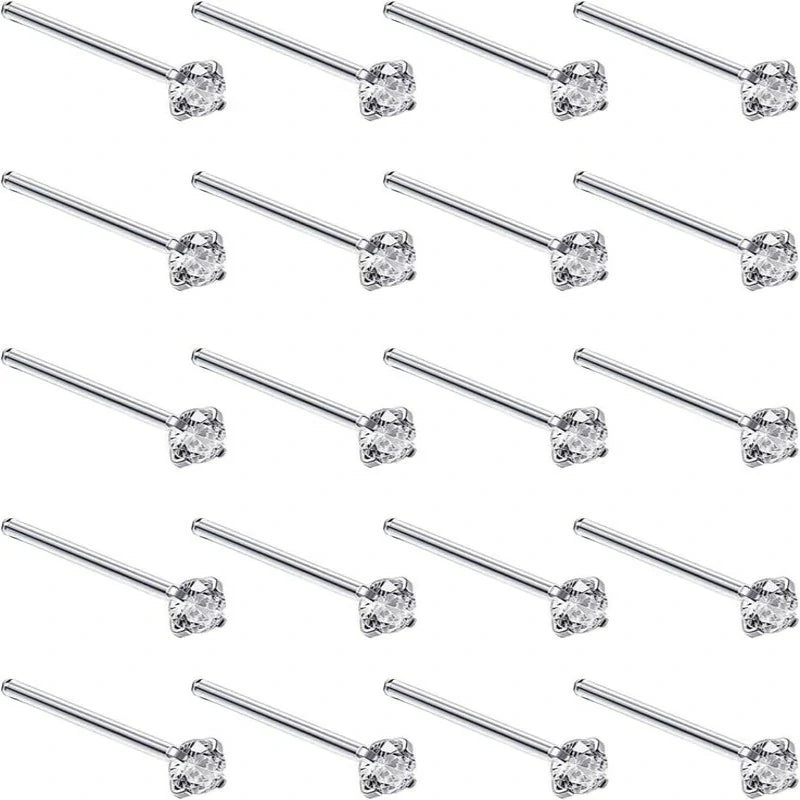 Silver Set of 20 Round Clear Simulated Diamond Nose Stud Box 1.5 mm Straight