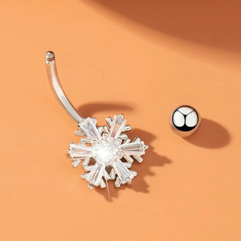 Snowflake Belly Button Ring Unisex Surgical Stainless Steel Cubic Zirconia Winter Frozen Flower Navel Barbell