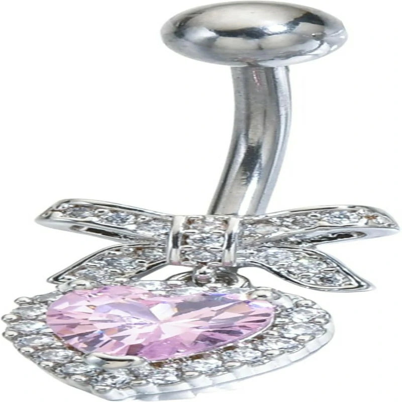Sparkles Peach Heart Bow Stainless Steel CZ Dangle Navel Piercing Barbell Belly