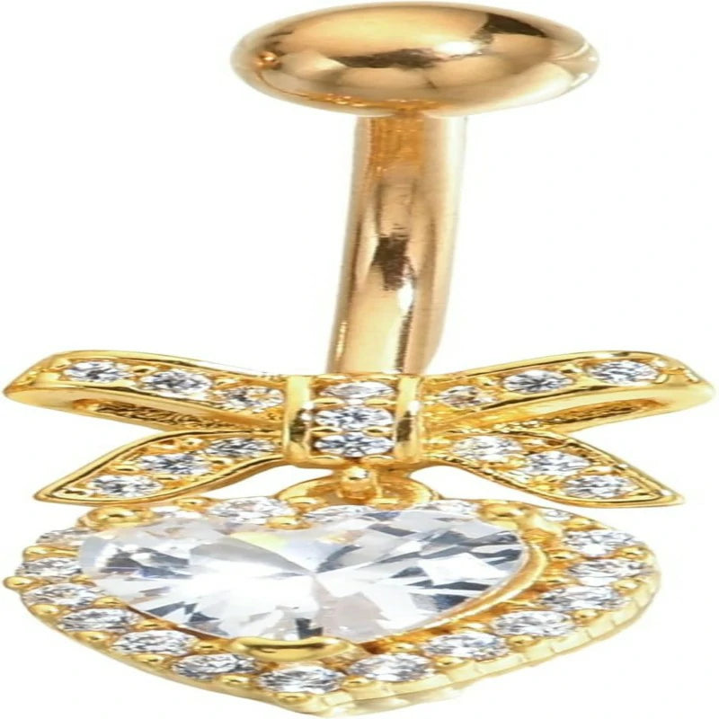 Sparkles Peach Heart Bow Stainless Steel CZ Dangle Navel Piercing Barbell Belly