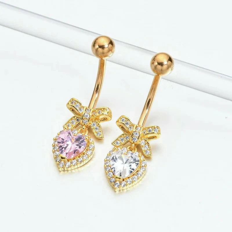 Sparkles Peach Heart Bow Stainless Steel CZ Dangle Navel Piercing Barbell Belly