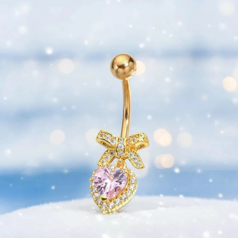 Sparkles Peach Heart Bow Stainless Steel CZ Dangle Navel Piercing Barbell Belly