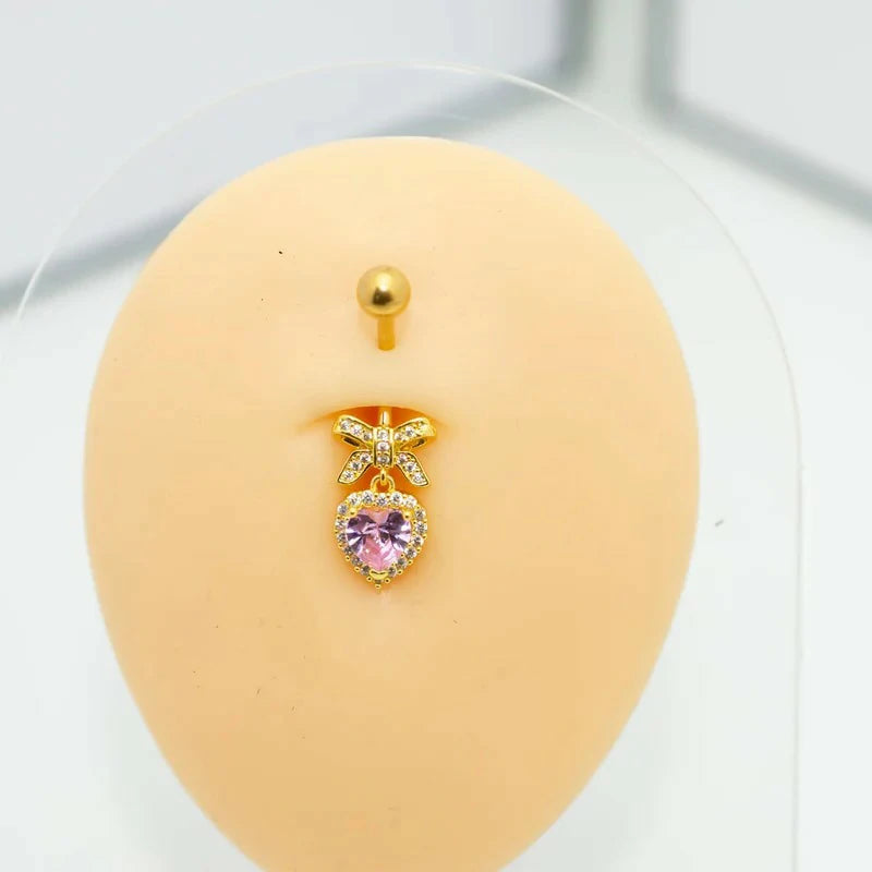 Sparkles Peach Heart Bow Stainless Steel CZ Dangle Navel Piercing Barbell Belly