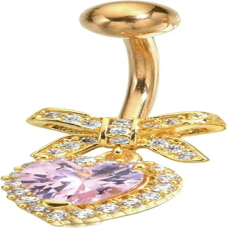 Sparkles Peach Heart Bow Stainless Steel CZ Dangle Navel Piercing Barbell Belly
