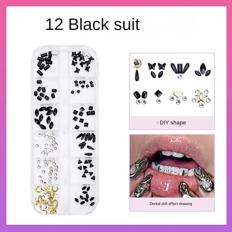 Spice Girl Fashion Flat Black Glass Crystal Teeth Gem Set Fashion Dental Art Diamond Decorative Jewelry Set - QIAO CrystalQIAO CrystalQIAO Crystal