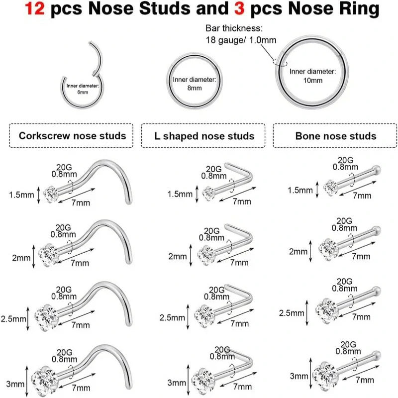 20G 18G Nose Rings Hoop and Nose Studs Sets Hinged Clicker Segment Nose Rings