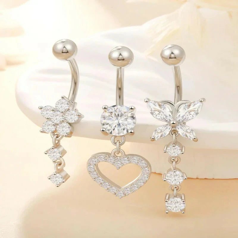 Stainless Steel Dangle Belly Ring Dangling Piercing Jewelry with Heart Flower Butterfly