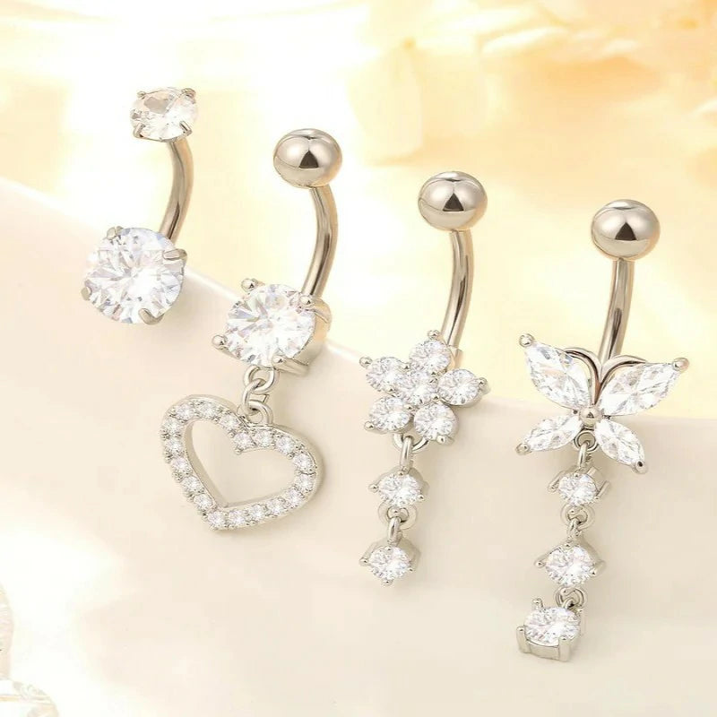 Stainless Steel Dangle Belly Ring Dangling Piercing Jewelry with Heart Flower Butterfly
