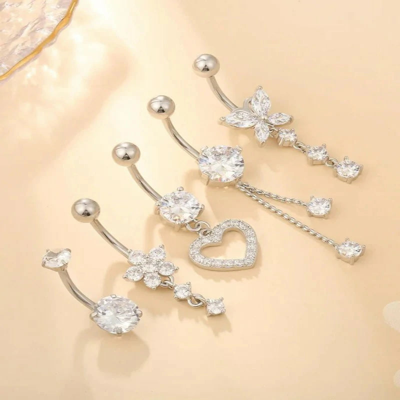 Stainless Steel Dangle Belly Ring Dangling Piercing Jewelry with Heart Flower Butterfly